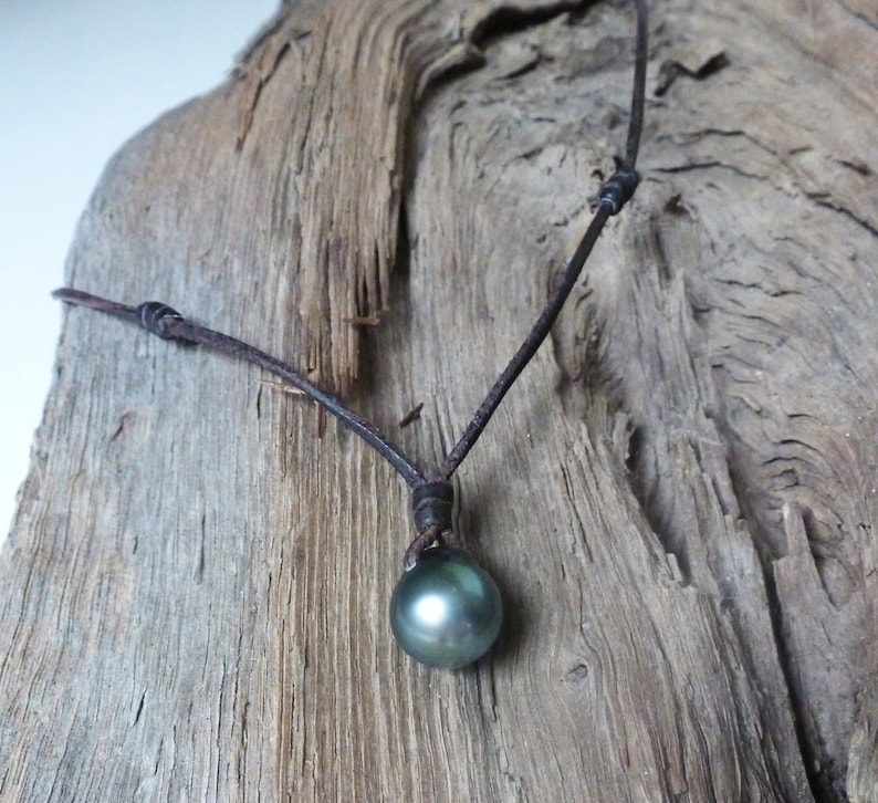 Collier perle de tahiti cuir et perle noire de Tahiti, cuir australien collier perle de Tahiti, pour femme, pour homme image 8