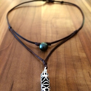 Tahitian pearl and Tiki on Australian leather, necklace for men, genuine tahitian pearl and solid silver tiki. image 8