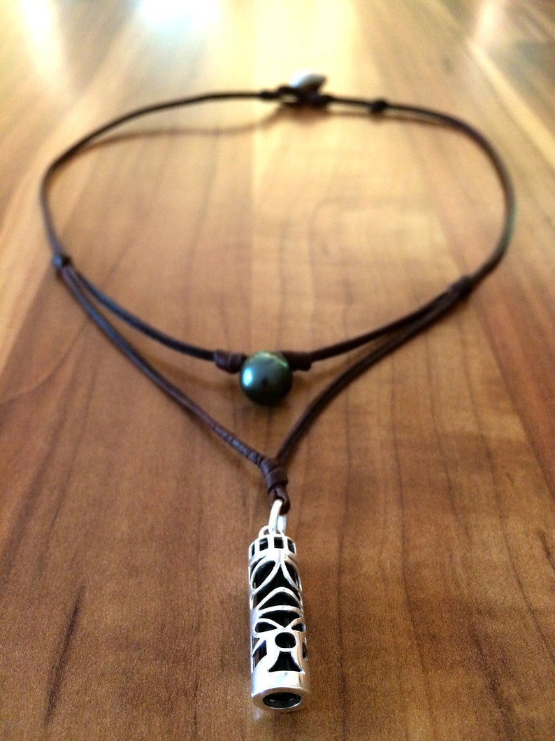 Tahitian pearl and Tiki on Australian leather, necklace for men, genuine tahitian pearl and solid silver tiki. image 8