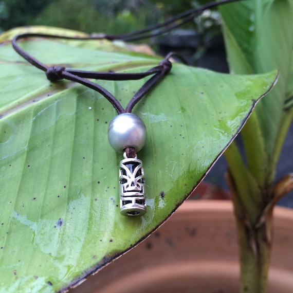 Tahiti pearl Man or Woman necklace and Tiki on Australian leather adjustable size surfer style
