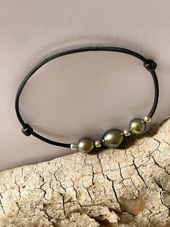 Tahitian pearl bracelet, 925 silver, Australian leather
