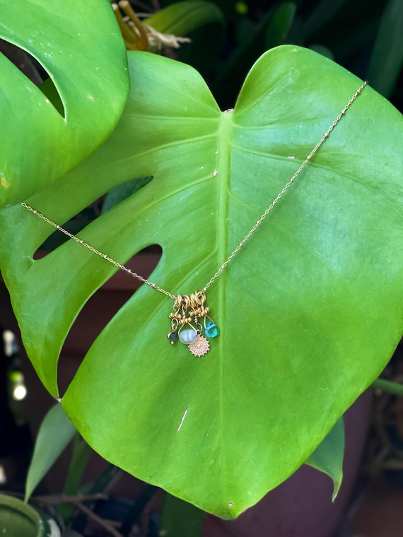 Semi-precious stone necklace: gold-filled, freshwater pearl, topaz, labradorite