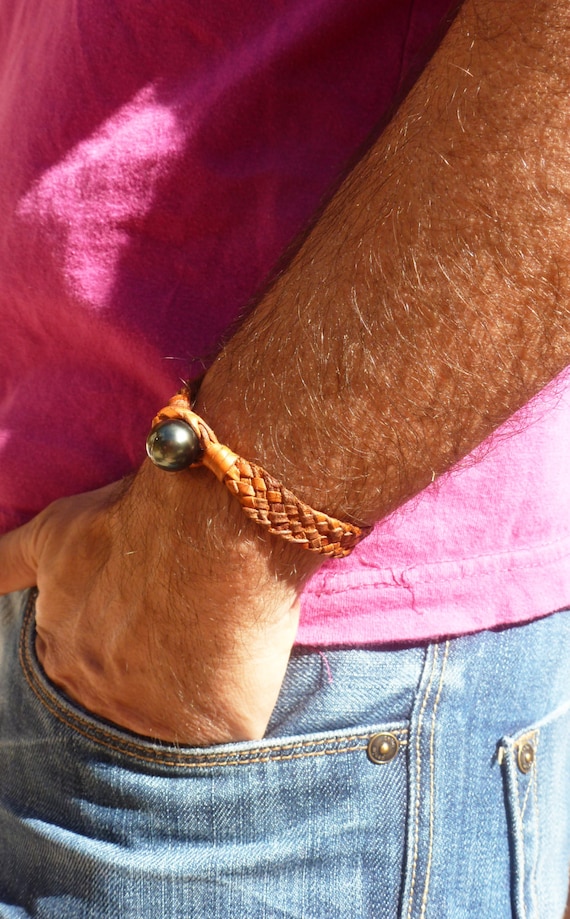 Tahitian pearl, braided leather, man bracelet, genuine tahitian pearl
