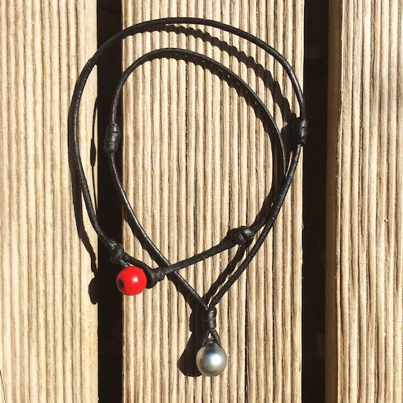 Tahitian pearl on leather necklace, red glass padre bead as clasp, unisex necklace