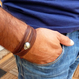 Perla di Tahiti, bracciale da uomo regolabile, pelle australiana