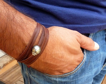 Tahitiperle, verstellbares Herrenarmband, australisches Leder