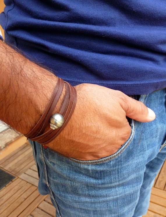 Bracelet homme en cuir tressé 6 fils perles de Tahiti