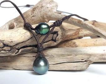 Tahitian pearls on leather necklace for women or men with very beautiful unique gift completely natural.