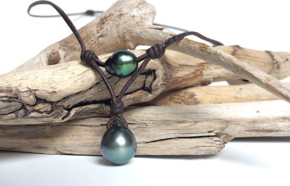 Tahitian pearls on leather necklace for women or men with very beautiful unique gift completely natural.