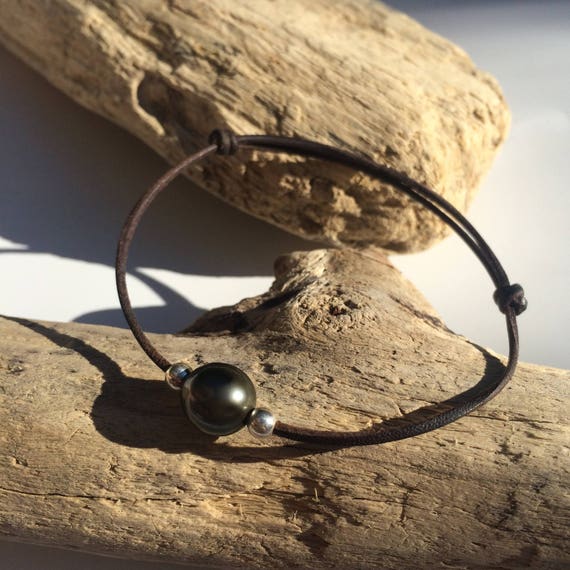 Tahitian pearl, silver, women or men adjustable bracelet, pearl on leather