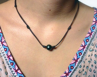 Tahitian pearl necklace on leather for women or men - black tahitian pearl high quality, handmade in France