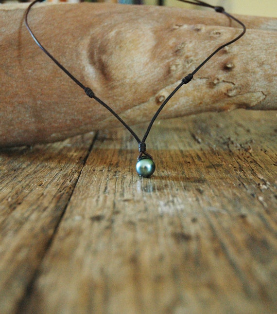 Tahitian pearl necklace, leather necklace, women necklace, men necklace,  black pearl necklace, australian leather.