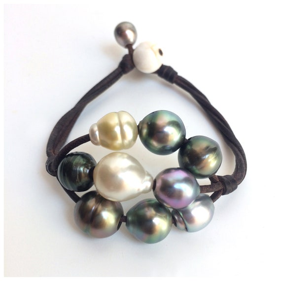 Bracelet Perles De Tahiti Grises Et Argent 925 Sur Cuir Australien - Perla Mundi - Neuf Avec étiquettes