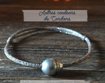 Tahitian pearl, Tahitian pearl bracelet on japanese silver cord. Woman bracelet.