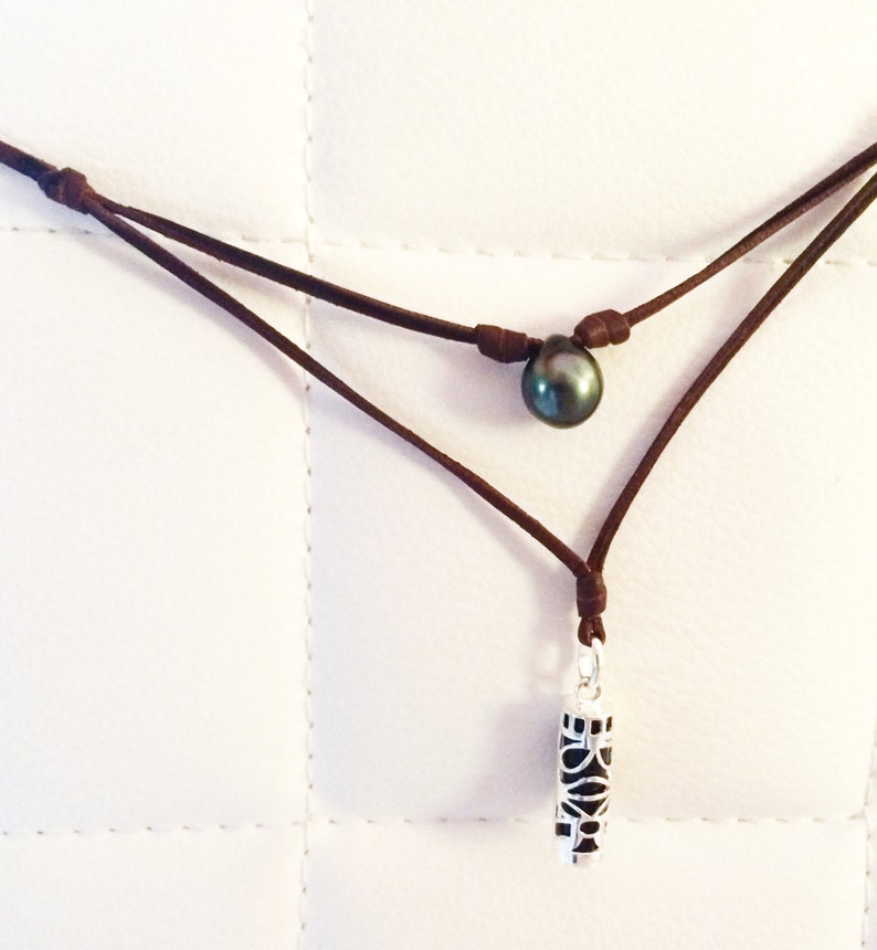 Tahitian pearl and Tiki on Australian leather, necklace for men, genuine tahitian pearl and solid silver tiki. image 2