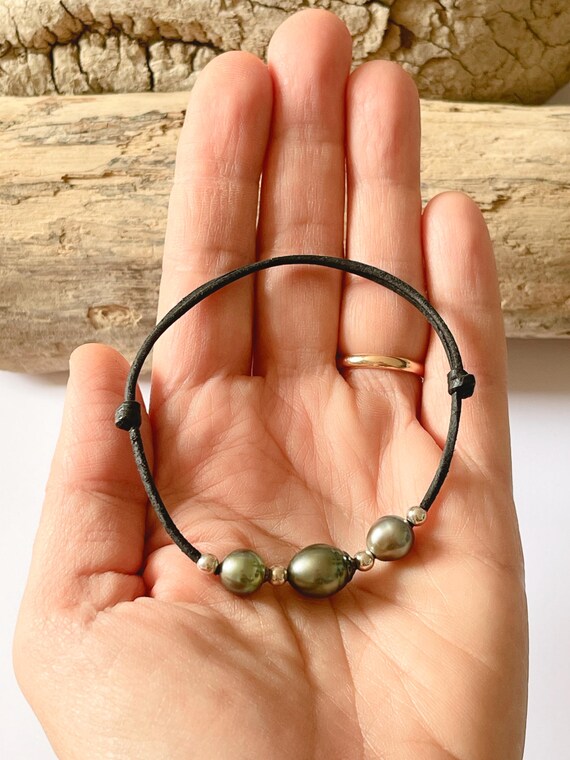 Tahitian pearl bracelet, 925 silver, Australian leather