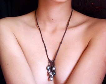 Tahitian pearls  cluster necklace for women, hand rolled australian leather adjustable in two sizes