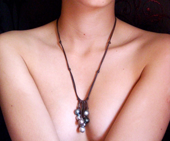 Tahitian pearls  cluster necklace for women, hand rolled australian leather adjustable in two sizes