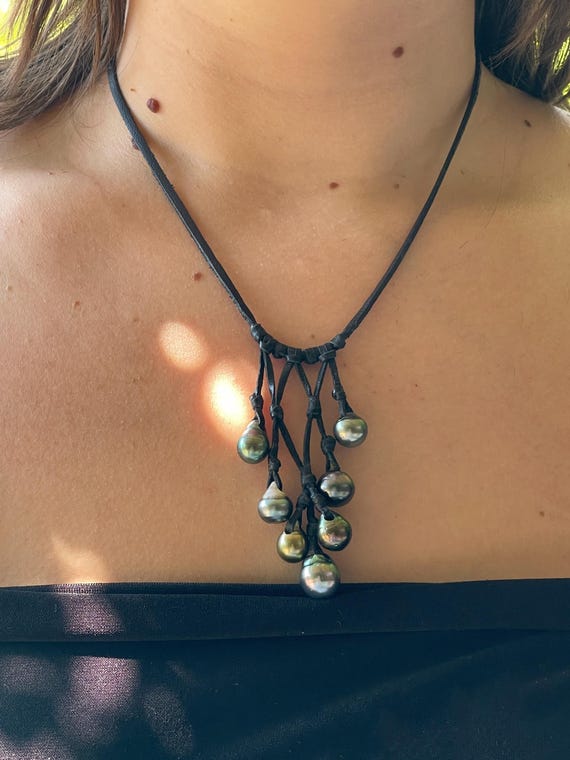 Tahitian Pearl Statement Necklace, Braided Black Leather, 8 Pearls