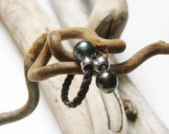 Tahitian pearls, leather, sterling silver, Women ring tahitian pearls