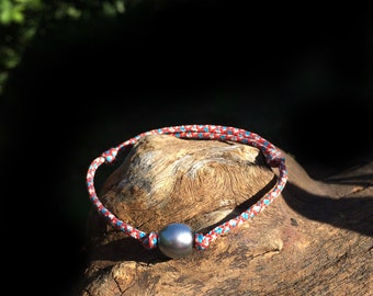 Tahitian pearl, adjustable bracelet, para-cord cord, surfer style bracelet - Beautiful black pearl on leather