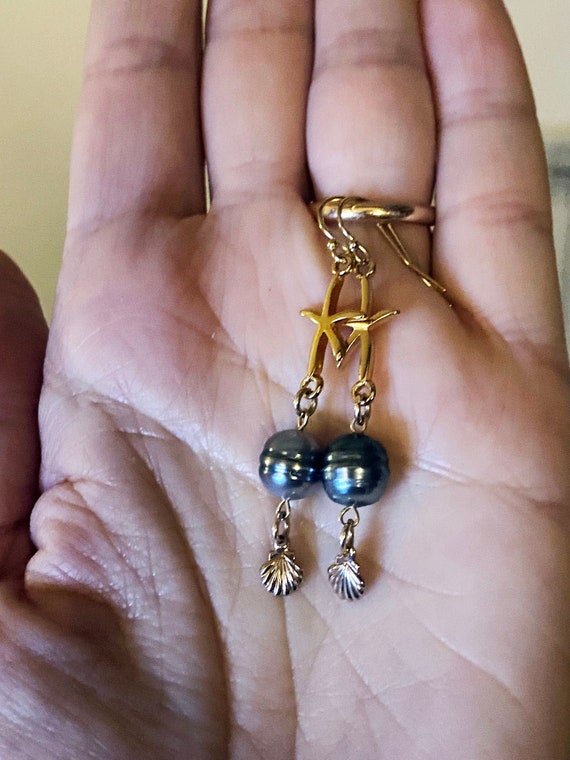 Dangling earrings withTahitian peacock  pearls on gold filled - chic bohemian or antique style