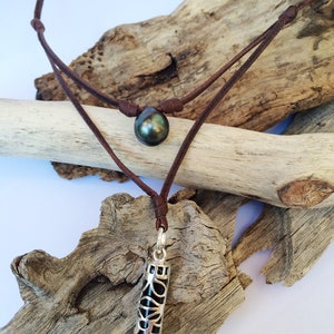 Tahitian pearl and Tiki on Australian leather, necklace for men, genuine tahitian pearl and solid silver tiki. image 6