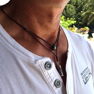 Tahitian pearl and Tiki on Australian leather, necklace for men, genuine tahitian pearl and solid silver tiki. image 1