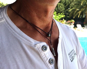 Collier perle de Tahiti et Tiki tahitien en argent sur cuir australien pour homme