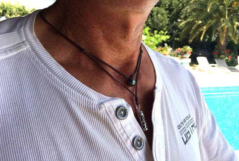 Tahitian pearl and Tiki on Australian leather, necklace for men, genuine tahitian pearl and solid silver tiki. image 1