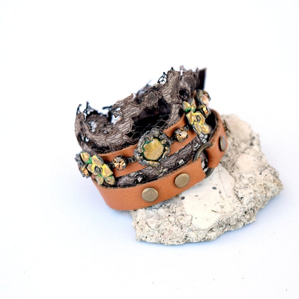 Lace leather bracelet, wrap around bracelet boho, hippy bracelet , studded leather cuff