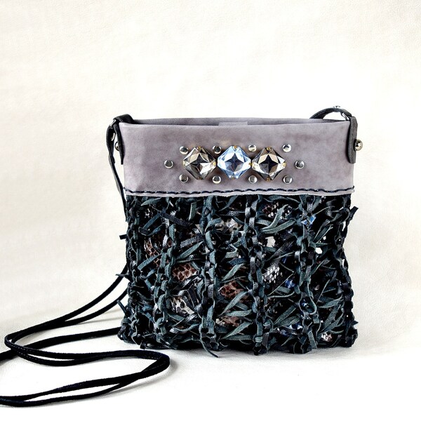 Black grey small leather bag, studded purse with crystals, bling purses, fashion bag crossbody