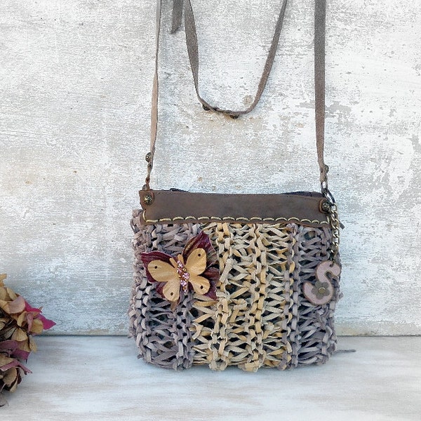 Monogrammed bag, beige leather crossbody bag, personalized purse, boho style purse, crossbody purse