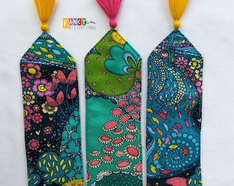 Fabric Bookmark, "Paradiso" Sally Kelly pattern, bookmark with handmade tassel, vivid psychedelic wonderland, book lover gift
