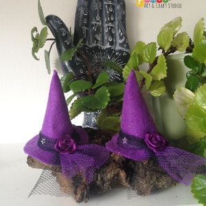 May include: Two purple felt witch hats with black ribbon and a purple rose on a piece of driftwood. The hats are decorated with black lace and a small white star. The background features a black hand with white markings and green plants.