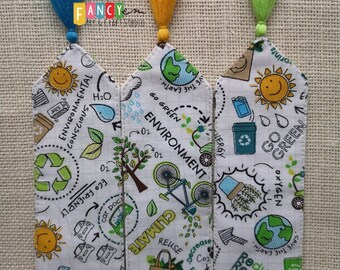 Eco bookmarks, reduce, reuse, recycle, eco friendly, eco kids, eco gift, fabric bookmark