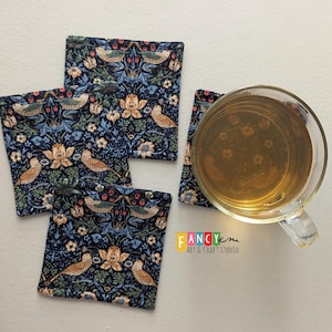 William Morris "Strawberry Thief" coaster, fabric drink coaster, cottagecore home, reusable coaster, housewarming gift.