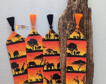 Savanna Fabric Bookmark with Tassel – African Wildlife Silhouette at Sunset, Serengeti Theme, Bookish Gift
