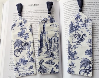 Fantasy Toile Fabric Bookmark with handmade Tassel - Dragon Castle Knight Print - Book Lover Gift