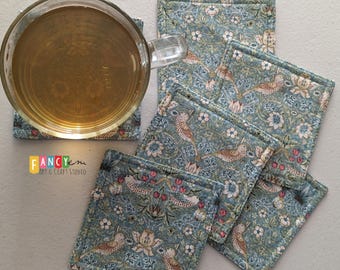 William Morris &quot;Strawberry Thief&quot; coaster, fabric drink coaster, cottagecore home, reusable coaster, housewarming gift.