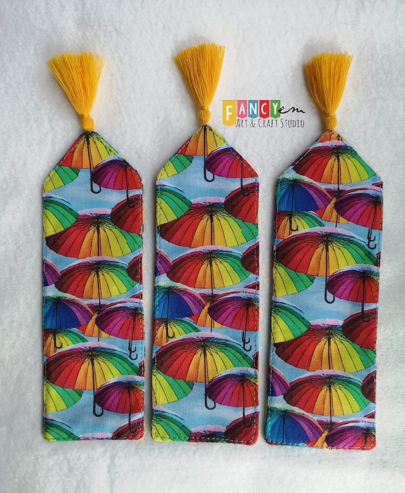Rainbow umbrellas bookmarks, fabric bookmark, reader gift, pride gift, bookish, image 1