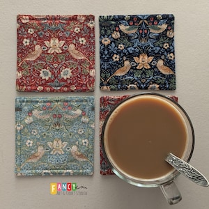 William Morris "Strawberry Thief" coaster, fabric drink coaster, cottagecore home, reusable coaster, housewarming gift.