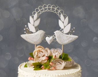 Romantic Bridal Topper with Love Birds, Boho/Nature-Inspired, Wood Wedding Cake Decoration