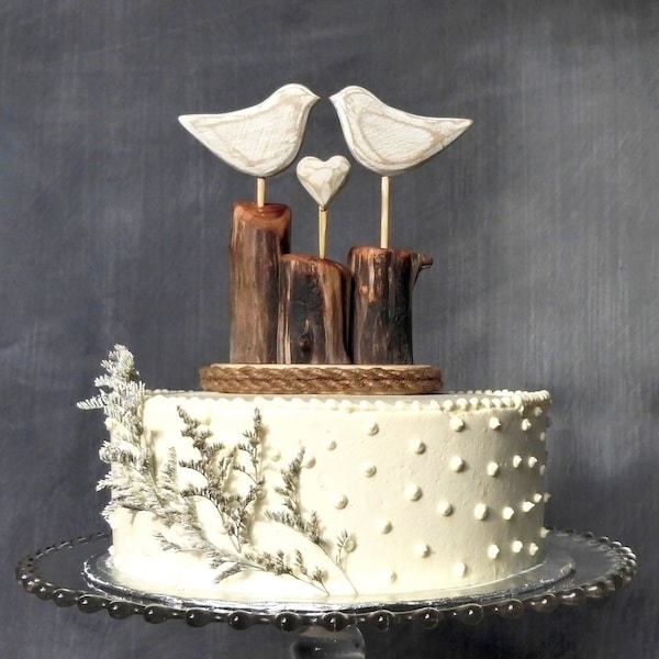 Love Birds Wedding Cake Topper, Bird Cake Topper/ White Wedding/ Wood Anniversary Gift