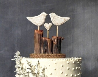 Love Birds Wedding Cake Topper, Bird Cake Topper/ White Wedding/ Wood Anniversary Gift