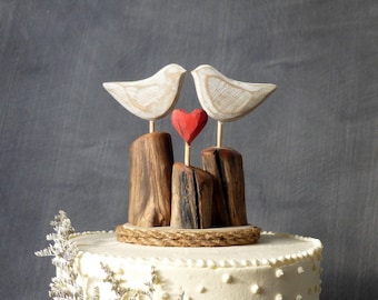 Wooden Cake Topper/ Beach Wedding Topper, Rustic Cake Topper for Weddings/ Anniversary Topper, Love Birds and Heart Topper with Driftwood