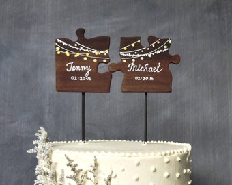 Wooden Wedding Cake Topper, Puzzle Pieces Topper, Mr/ Mrs Wedding Cake Topper, Fairy Lights Cake Topper