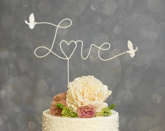 White Written Love Script, Wire Cake Topper, Love Wedding Topper, Love Wedding Cake Topper with Love Birds