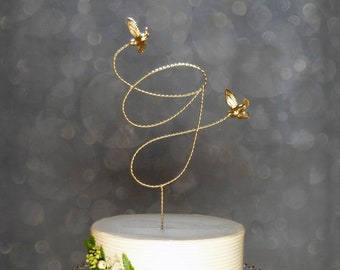 Gold Wedding Topper, Wire Cake Topper, Custom Initial Wire Wedding Cake Topper with Love Birds, Gold Cake Topper