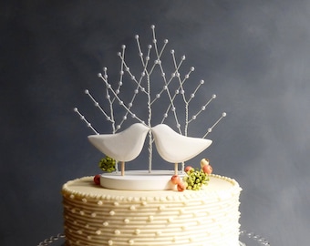 White Wedding Cake Topper,  Bridal Topper with Love Birds Topper, Tree Cake Topper Birds, White Wedding Topper